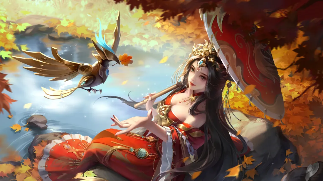 4k三国杀张瑾云壁纸｜暖枫红裙背景图片 - 秋景灵鸟古风「哲风壁纸」