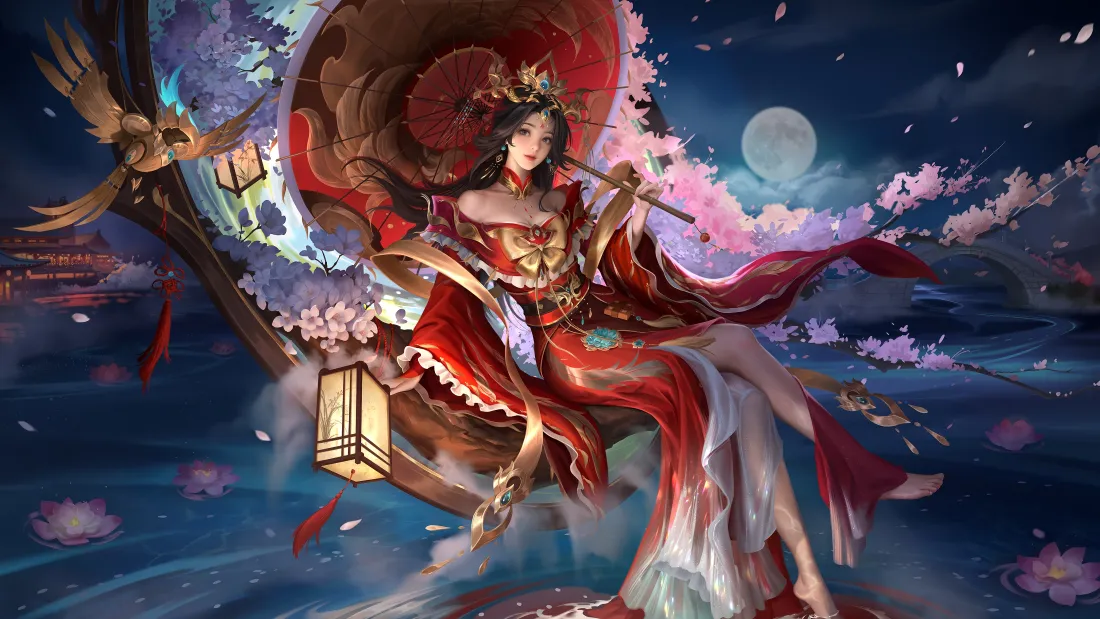 4k三国杀张瑾云壁纸｜月夜红裙背景图片 - 瑶影浣月古风立绘「哲风壁纸」