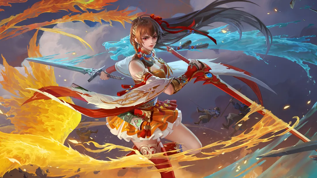 4k三国杀鲍三娘｜凤舞龙翔皮肤 - 持剑战姿龙凤特效「哲风壁纸」