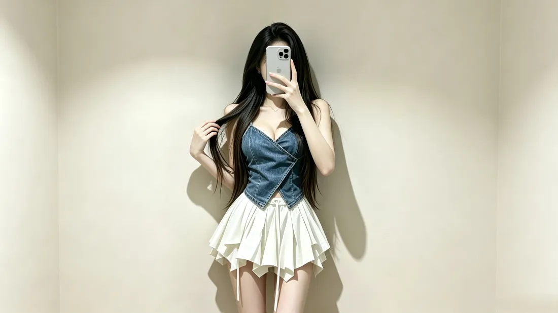 3k对镜自拍美女壁纸｜纯欲穿搭背景图片 - 牛仔吊带百褶裙「哲风壁纸」