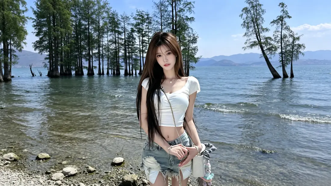 3k长发美女壁纸｜水上森林背景图片 - 湖边夏日清新写真「哲风壁纸」