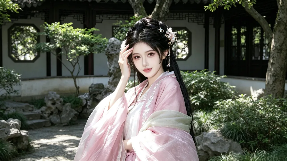 3k古风汉服美女壁纸｜江南园林背景图片 - 粉衣温婉佳人「哲风壁纸」