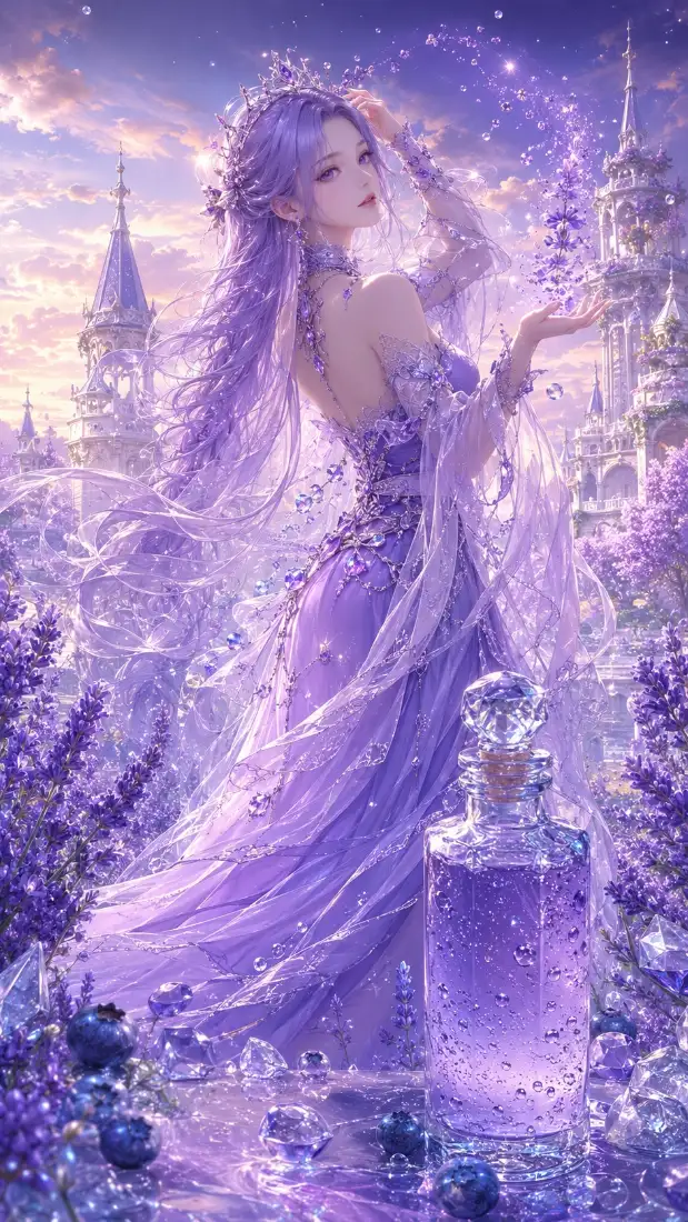 紫发长裙美女手机壁纸｜梦幻城堡背景图片 - 薰衣草花海「哲风壁纸」