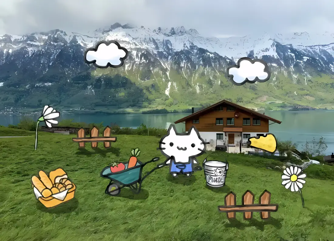 4k卡通小猫农场壁纸｜雪山湖泊背景图片 - 治愈田园可爱风「哲风壁纸」