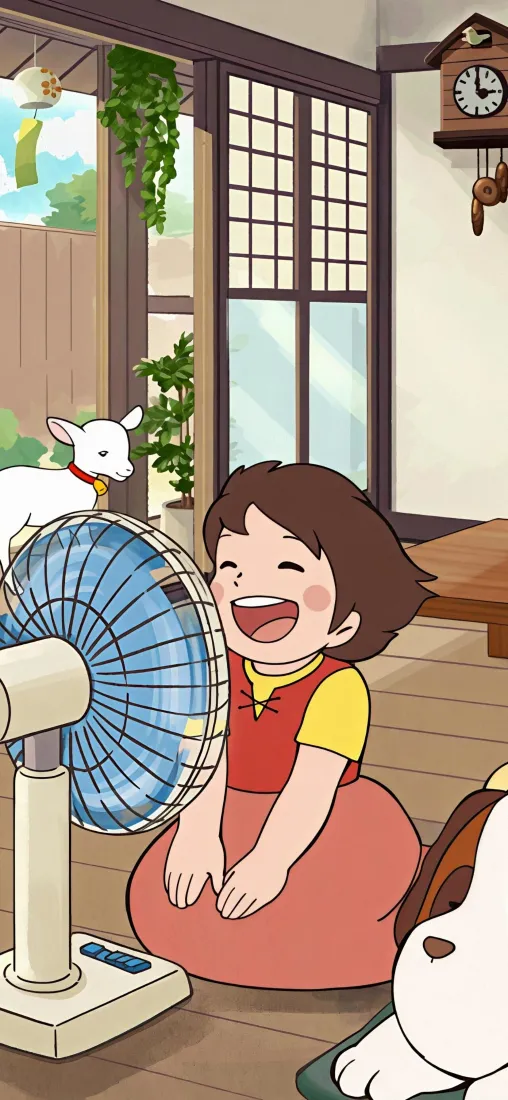 卡通小女孩手机壁纸｜夏日居家背景图片 - 吹风扇萌趣日常「哲风壁纸」
