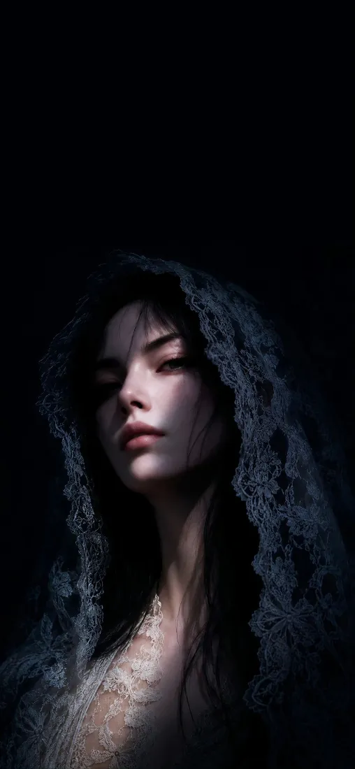 冷艳美女手机壁纸｜暗黑背景图片 - 蕾丝头纱光影人像「哲风壁纸」
