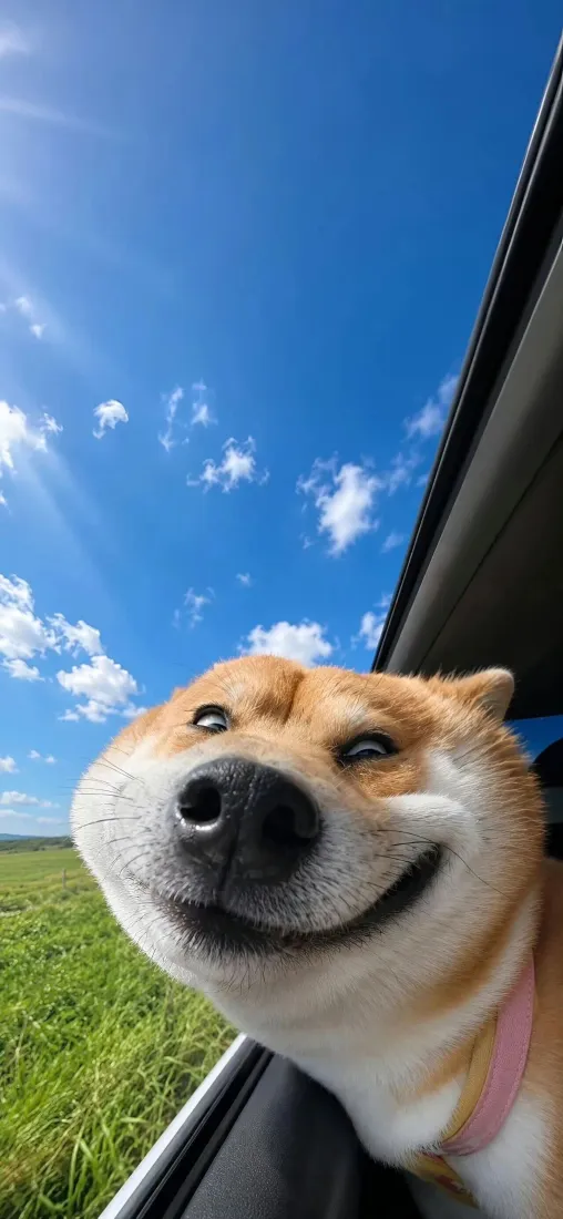 柴犬手机壁纸｜车窗外探头背景图片 - 搞怪微笑草原蓝天「哲风壁纸」