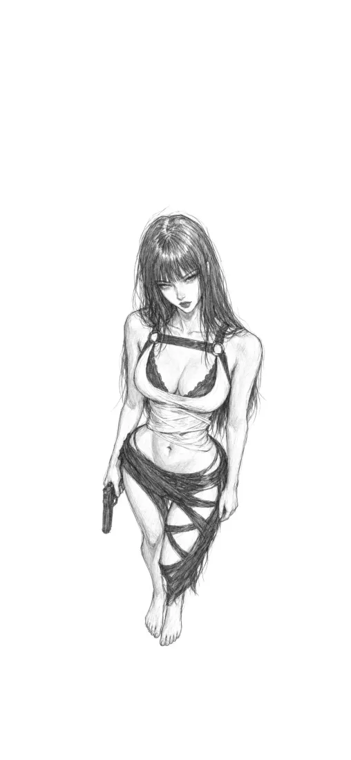 持枪辣妹手机壁纸｜黑白线稿背景图片 - 二次元御姐插画「哲风壁纸」