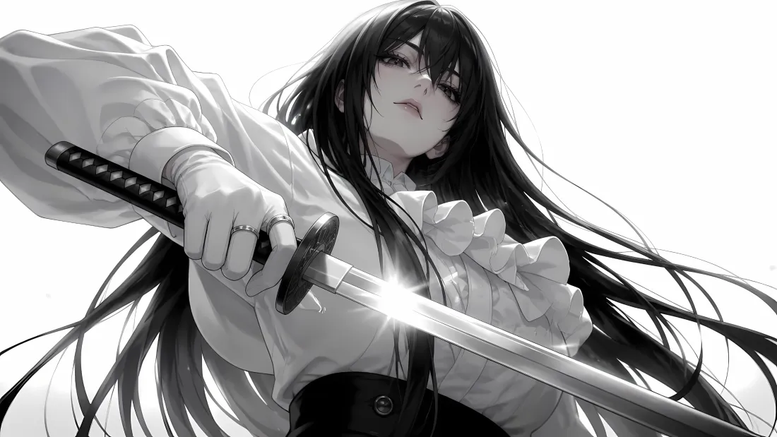 3k女剑士壁纸｜黑白拔刀背景图片 - 冷艳黑长直白衬衫少女「哲风壁纸」