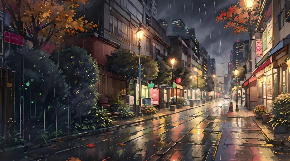 2k秋日街巷壁纸｜雨夜街景背景图片 - 路灯暖光落叶氛围感「哲风壁纸」