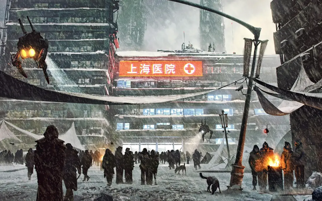 3k末日雪天上海医院｜城市废墟背景图片 - 科幻风「哲风壁纸」