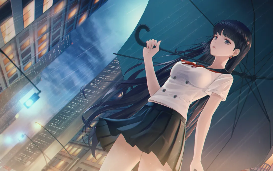 3k水手服少女壁纸｜雨夜都市背景图片 - 黑长直JK「哲风壁纸」