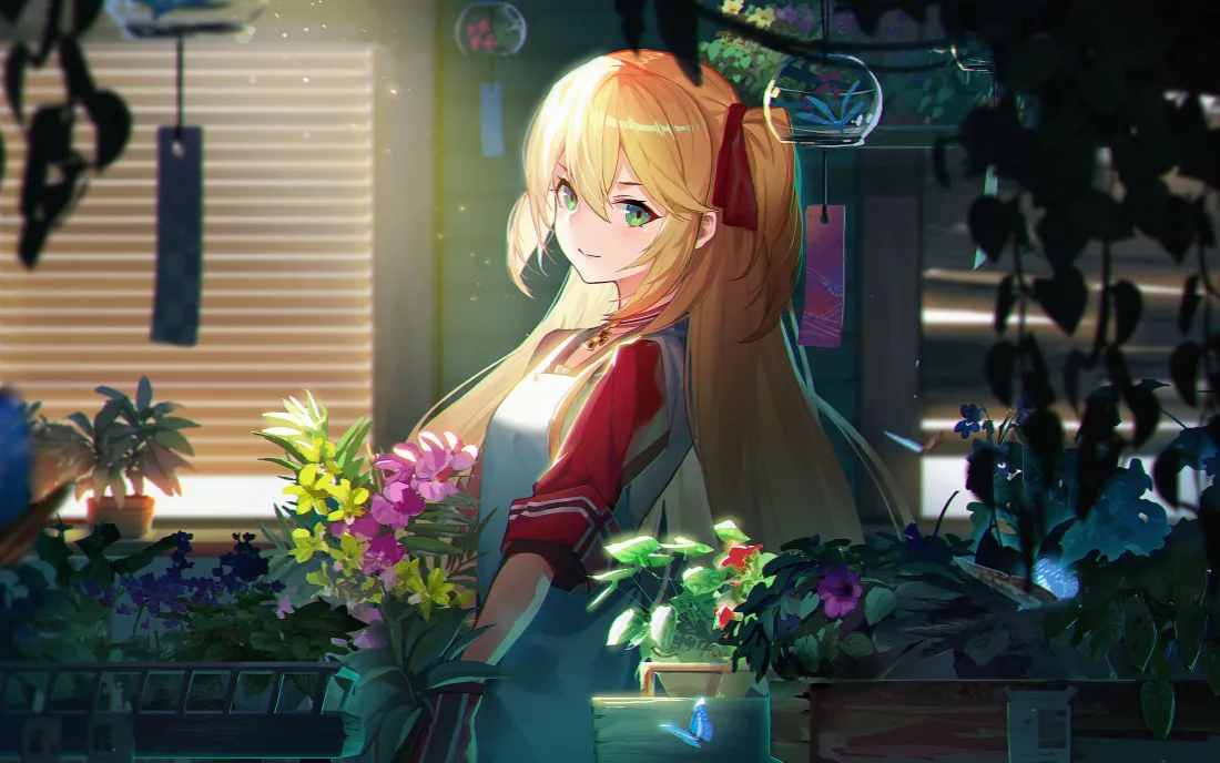 3k金发少女花房壁纸｜暖光绿植背景图片 - 治愈风「哲风壁纸」