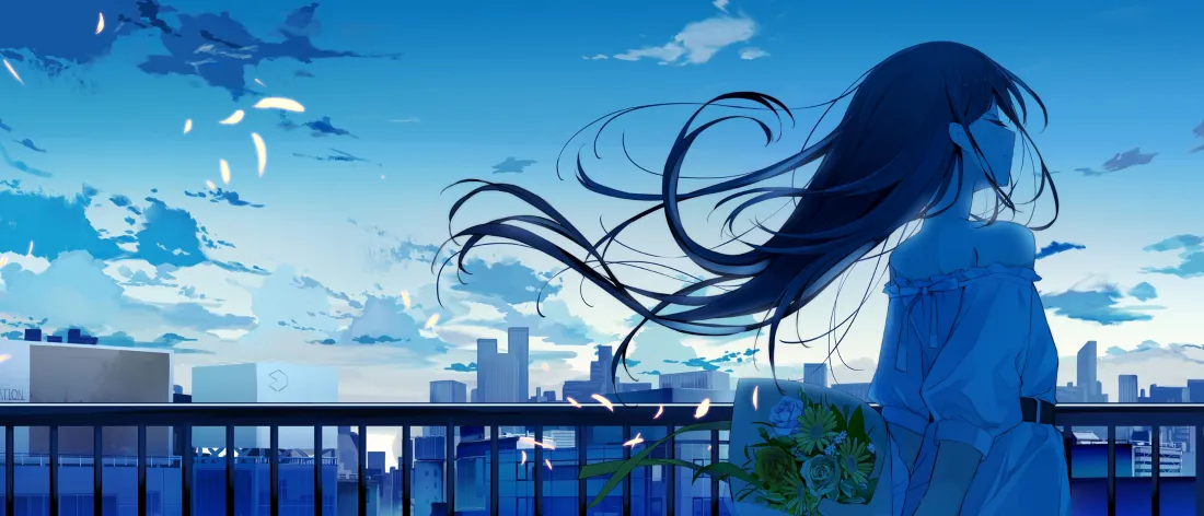 3k长发少女｜天台城市背景图片 - 蓝天日系插画「哲风壁纸」