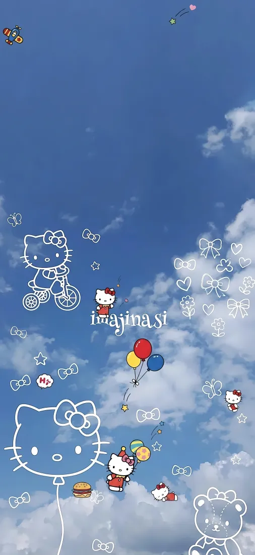 凯蒂猫手机壁纸｜蓝天白云背景图片 - 可爱气球涂鸦「哲风壁纸」