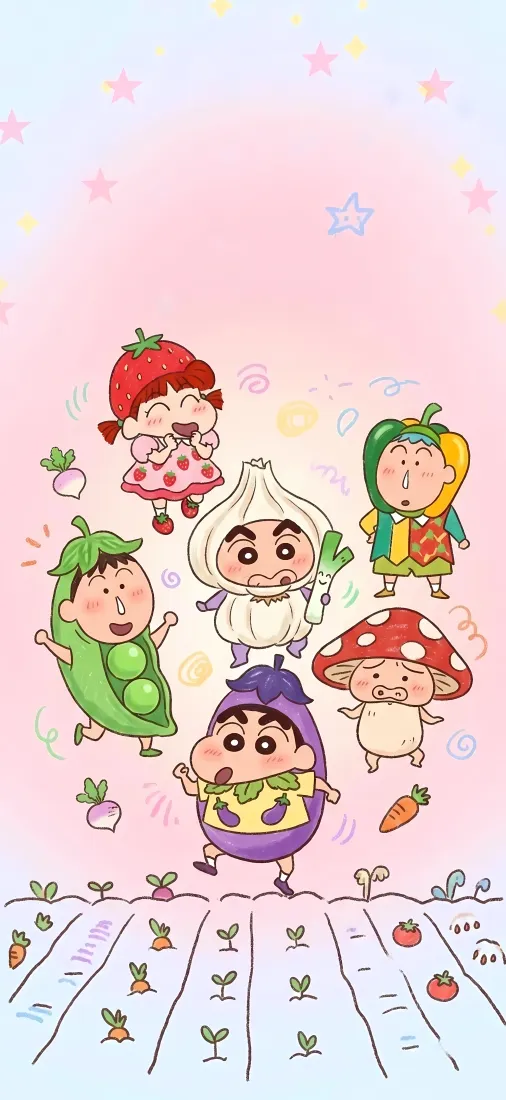 蜡笔小新手机壁纸｜蔬菜装扮背景图片 - 春日部防卫队可爱菜园插画「哲风壁纸」
