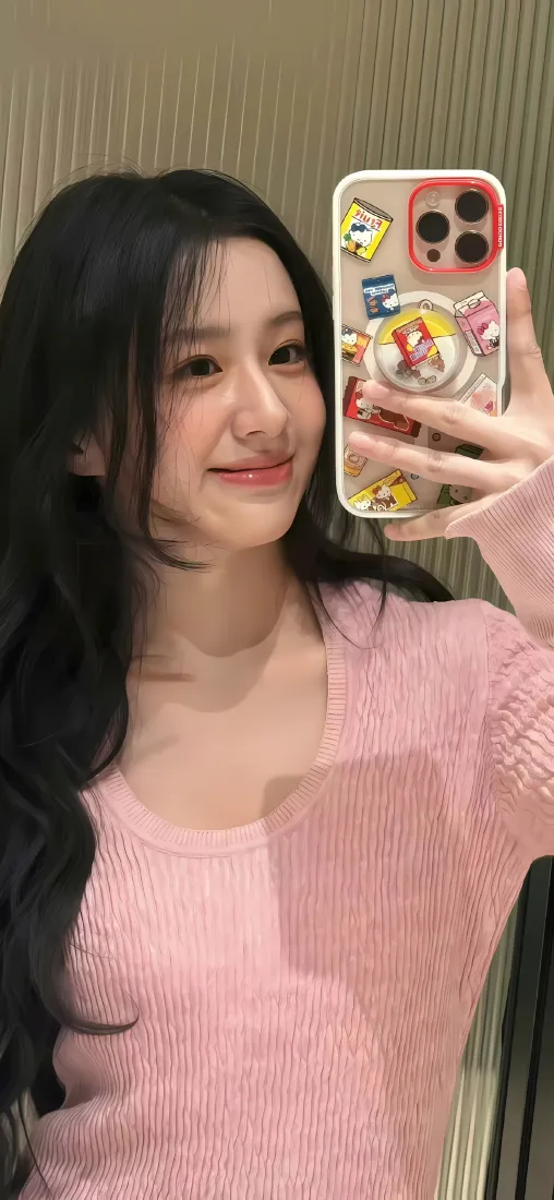 粉衣美女手机壁纸｜对镜自拍背景图片 - 温柔甜妹日常随拍「哲风壁纸」