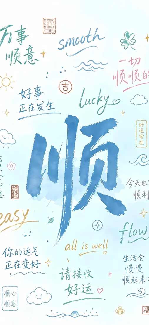 顺字手机壁纸｜蓝色治愈背景图片 - 万事顺意好运手写书法「哲风壁纸」