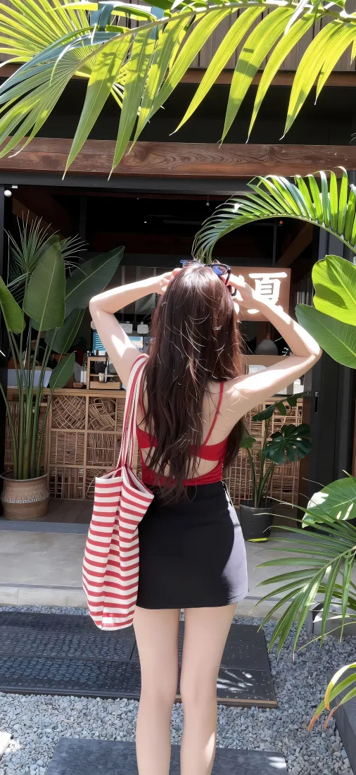 夏日美女背影手机壁纸｜阳光绿植背景图片 - 度假穿搭「哲风壁纸」