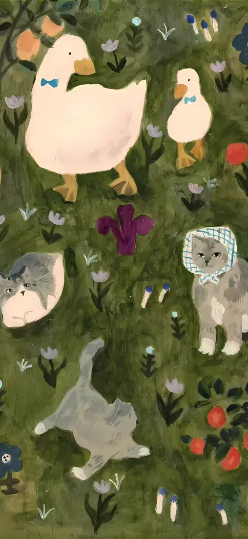 可爱动物插画手机壁纸｜草地花境背景图片 - 鸭子猫咪童趣手绘「哲风壁纸」