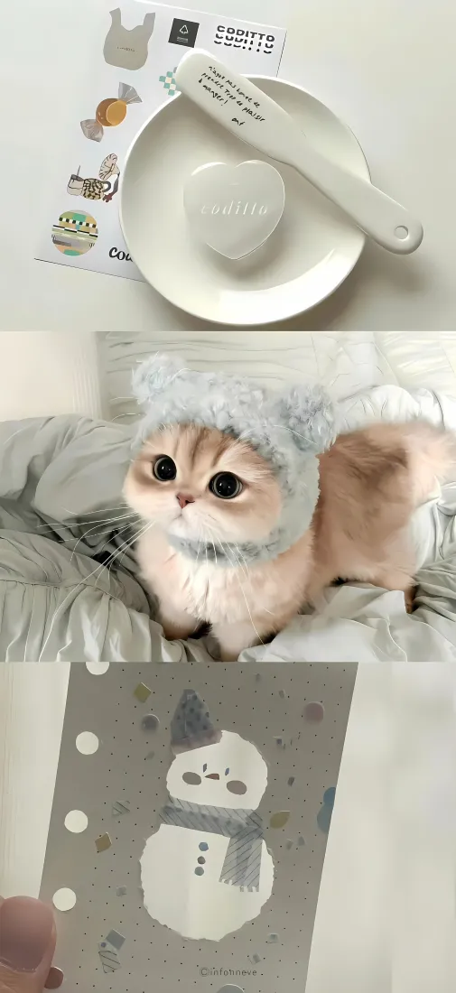 戴毛绒帽小猫手机壁纸｜冬日治愈背景图片 - 可爱萌宠雪人元素「哲风壁纸」