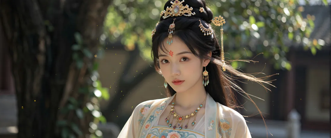 3k古风仙侠女子壁纸｜庭院光影背景图片 - 汉服花钿发冠「哲风壁纸」
