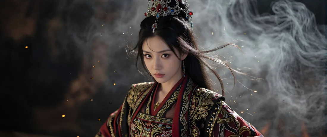 3k国风仙侠女将壁纸｜暗调烟雾背景图片 - 红金古装「哲风壁纸」