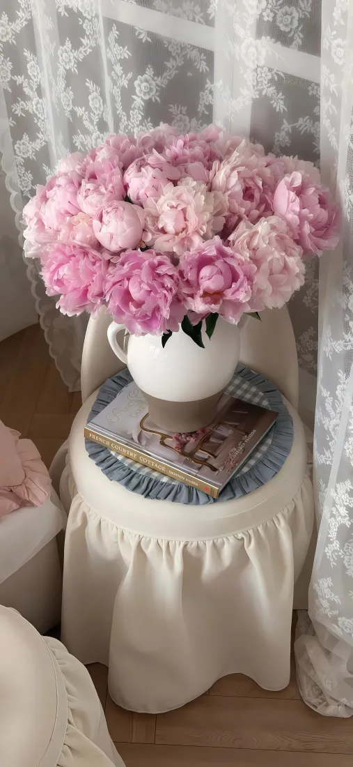 粉色芍药花束手机壁纸｜白色花瓶背景图片 - 蕾丝窗帘温馨家居场景「哲风壁纸」