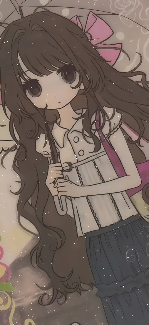撑伞长发女孩手机壁纸｜雨天背景图片 - 蝴蝶结卡通少女「哲风壁纸」