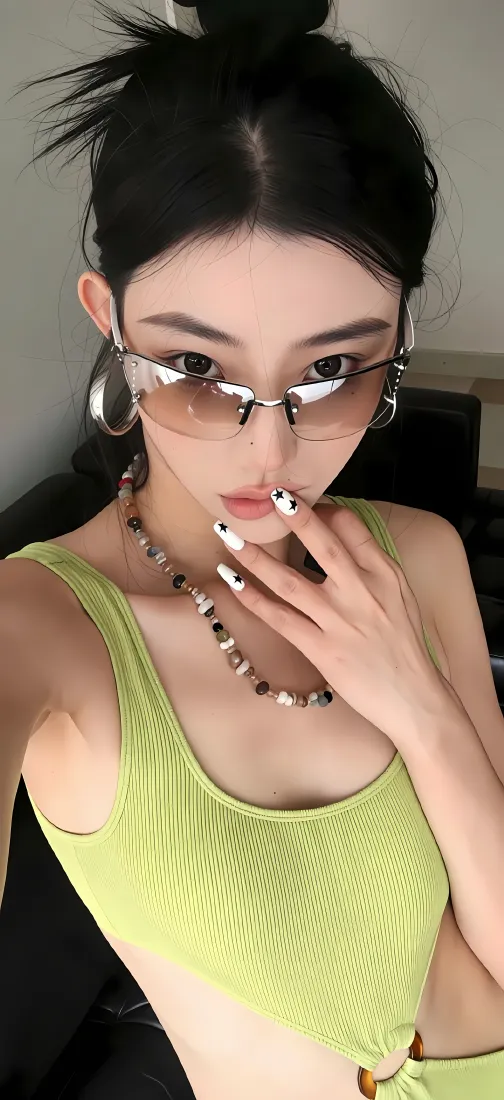 辣妹美女手机壁纸｜绿背心墨镜背景图片 - 酷飒穿搭自拍「哲风壁纸」
