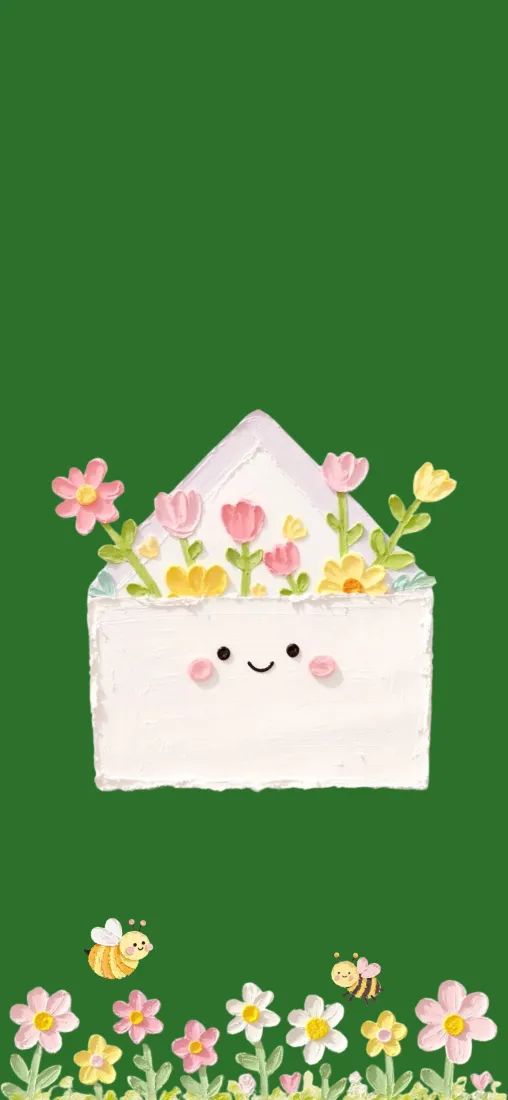 可爱信封花束手机壁纸｜绿色治愈背景图片 - 清新小花蜜蜂插画「哲风壁纸」