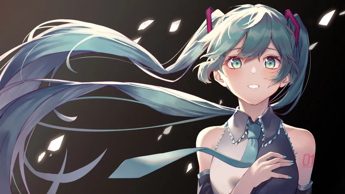 4k初音未来壁纸｜黑色背景图片 - 蓝发双马尾花瓣少女「哲风壁纸」