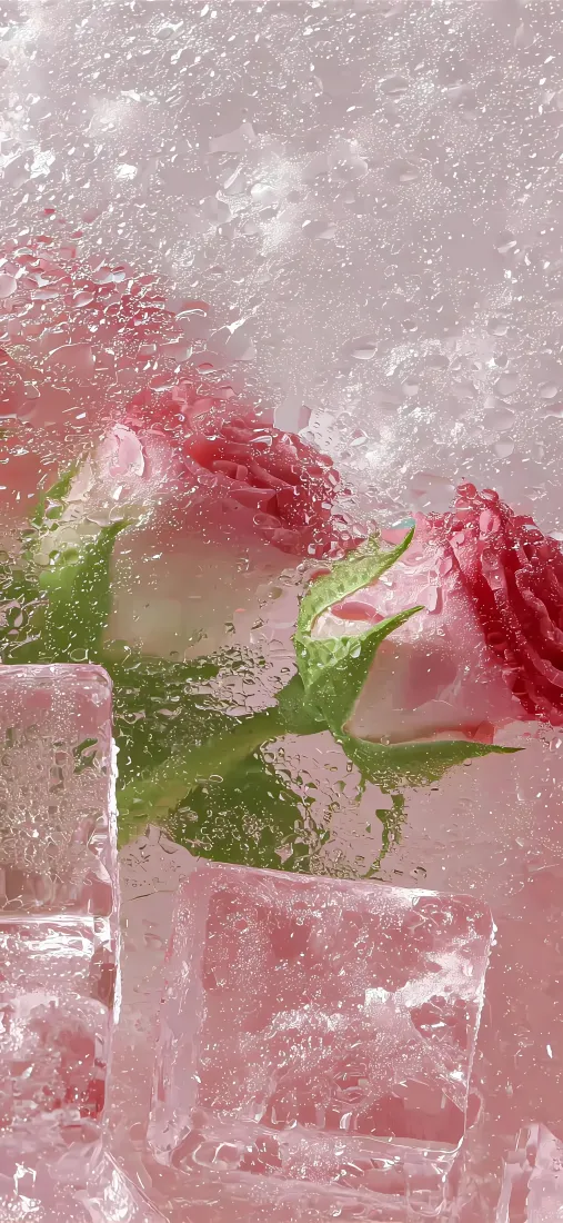 冰冻玫瑰手机壁纸｜冰块花朵背景图片 - 粉红花萼特写「哲风壁纸」