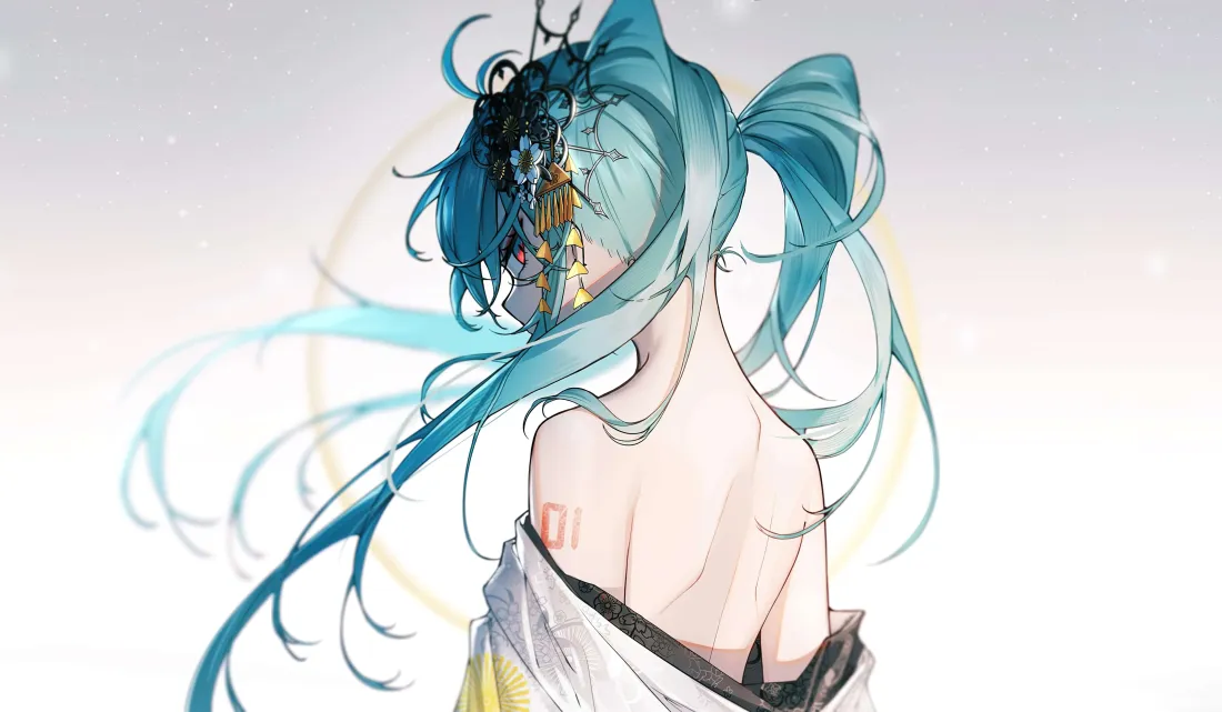 7k初音未来壁纸｜背影露背图片 - 蓝发双马尾日系插画「哲风壁纸」