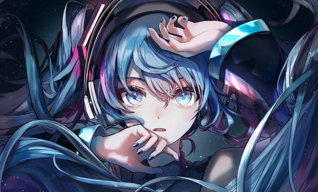 4k初音未来壁纸｜蓝发双马尾少女背景图片 - 头戴耳机「哲风壁纸」
