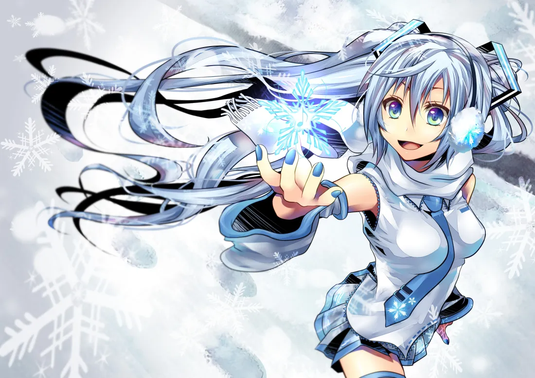 6k雪未来壁纸｜冬日雪花背景图片 - 蓝白双马尾少女「哲风壁纸」