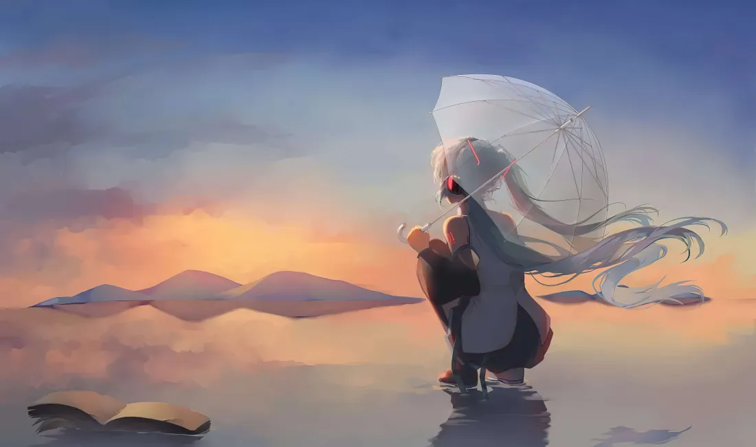 8k初音未来壁纸｜日落水面背景图片 - 持伞蹲坐长发少女「哲风壁纸」