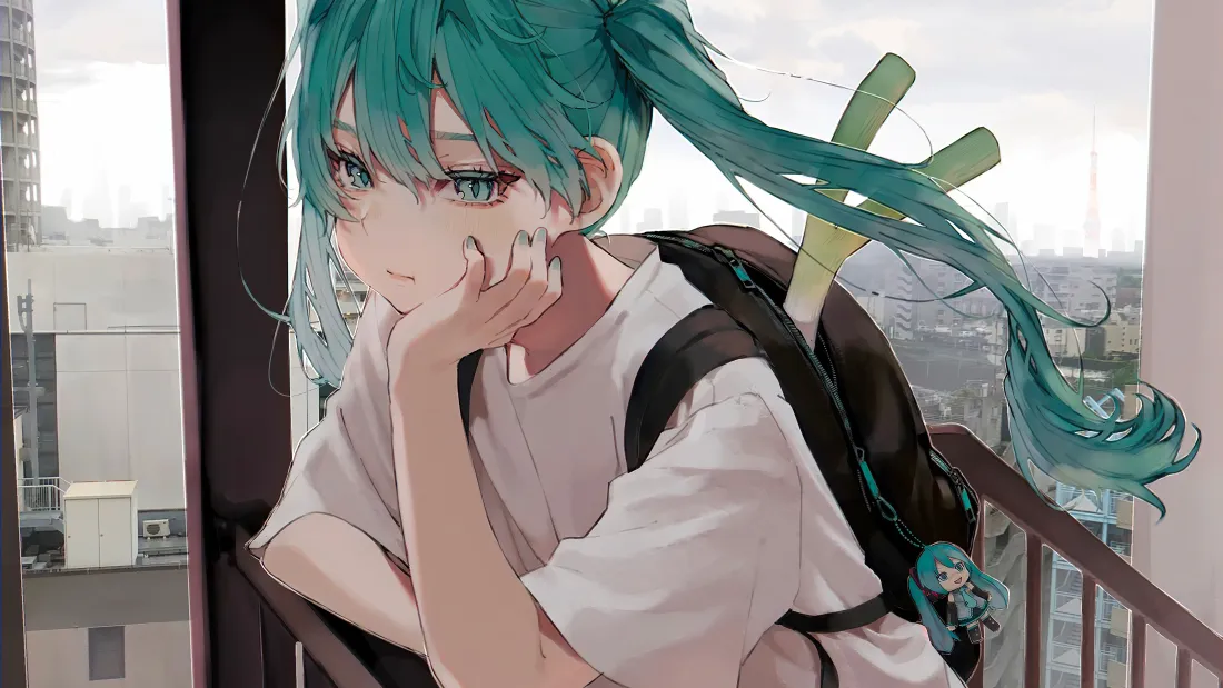 4k初音未来壁纸｜阳台托腮背景图片 - 休闲穿搭日常风「哲风壁纸」