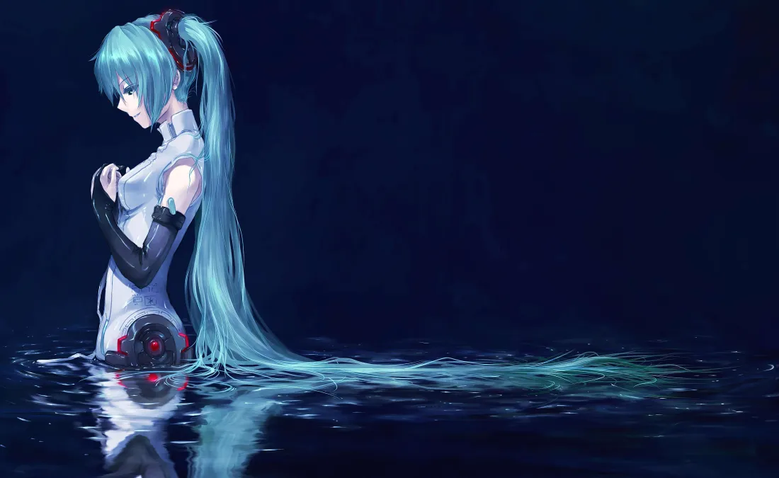 7k初音未来壁纸｜水中倒影背景图片 - 蓝发双马尾侧立「哲风壁纸」