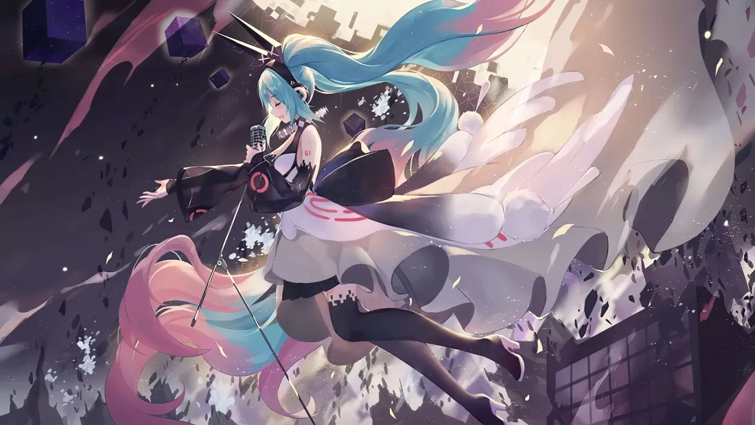 7k初音未来壁纸｜动感战斗背景图片 - 蓝粉双马尾虚拟歌姬「哲风壁纸」
