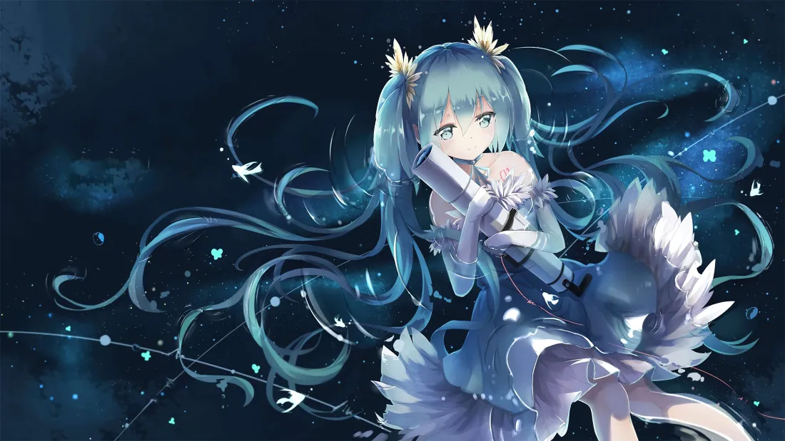 7k初音未来壁纸｜星空背景图片 - 蓝发礼服少女「哲风壁纸」