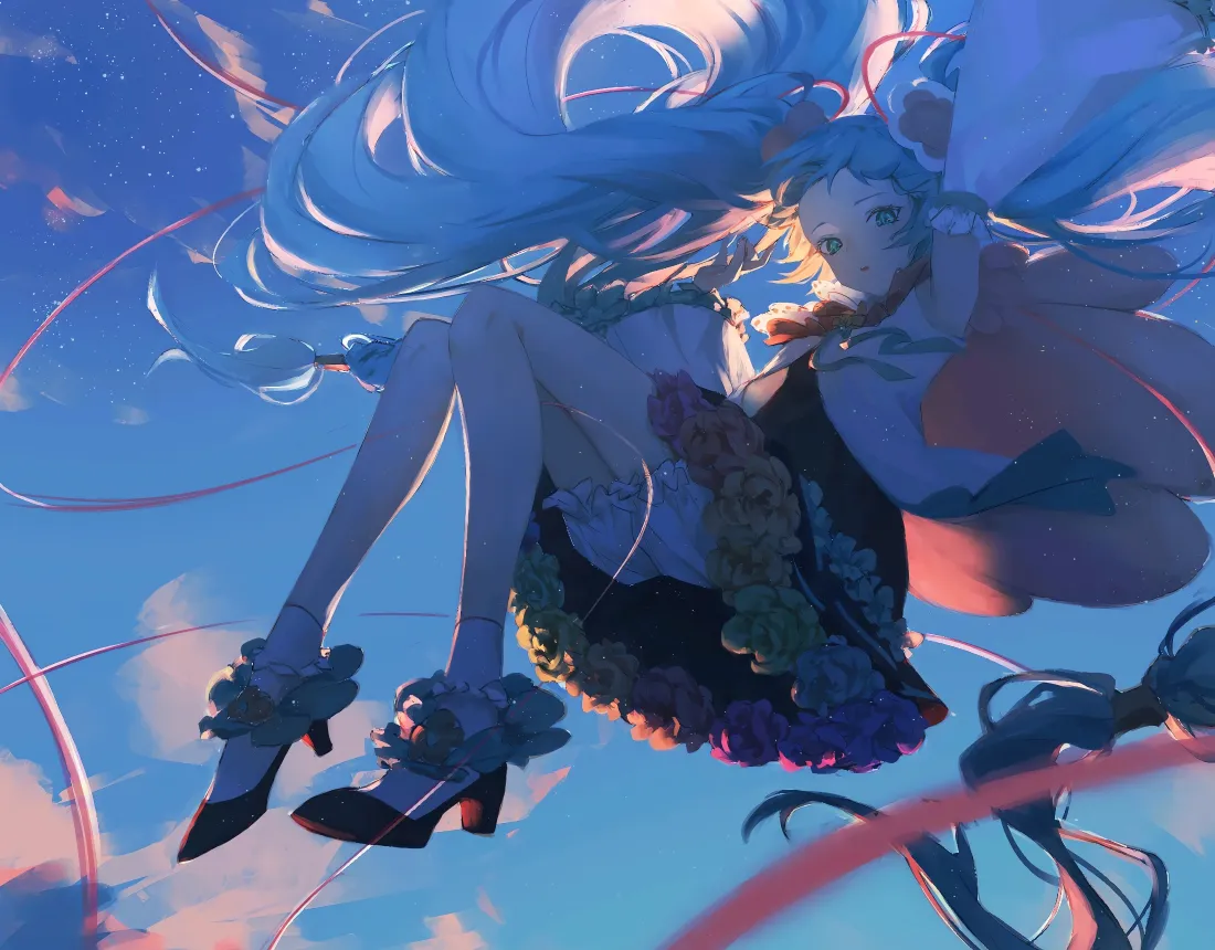 4k初音未来壁纸｜蓝天背景图片 - 蓝发少女空中漂浮「哲风壁纸」