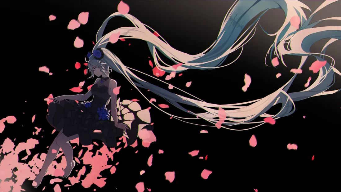 4k初音未来壁纸｜黑色背景图片 - 花瓣飞舞长发少女「哲风壁纸」