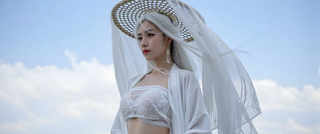 3k古风女侠壁纸｜蓝天白云背景图片 - 白衣斗笠「哲风壁纸」