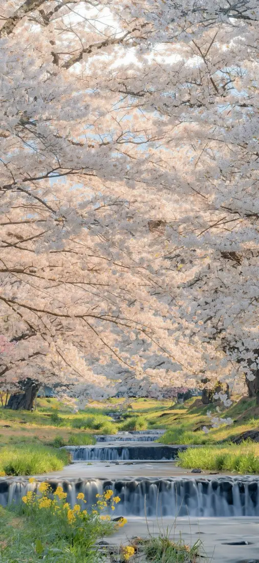 樱花林｜春日溪流背景图片 - 青草黄花郊野盛景「哲风壁纸」
