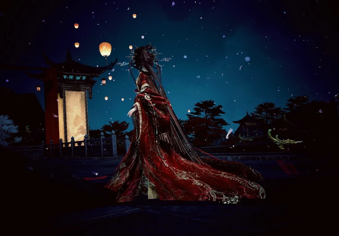 2k苏暖暖壁纸｜无限暖暖背景图片 - 红衣古风夜景孔明灯「哲风壁纸」