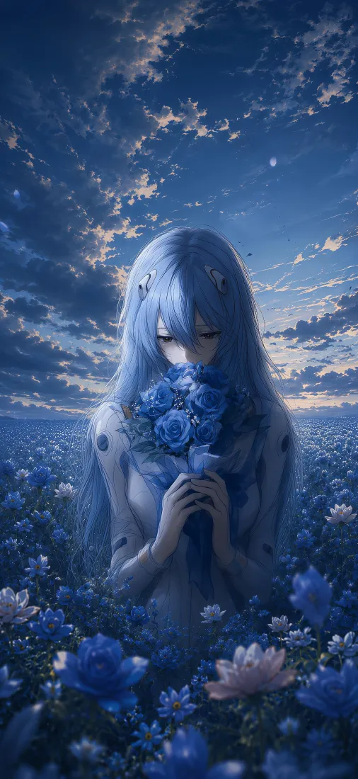 凌波丽手机壁纸｜蓝色花田背景图片 - 静谧蓝调少女插画「哲风壁纸」