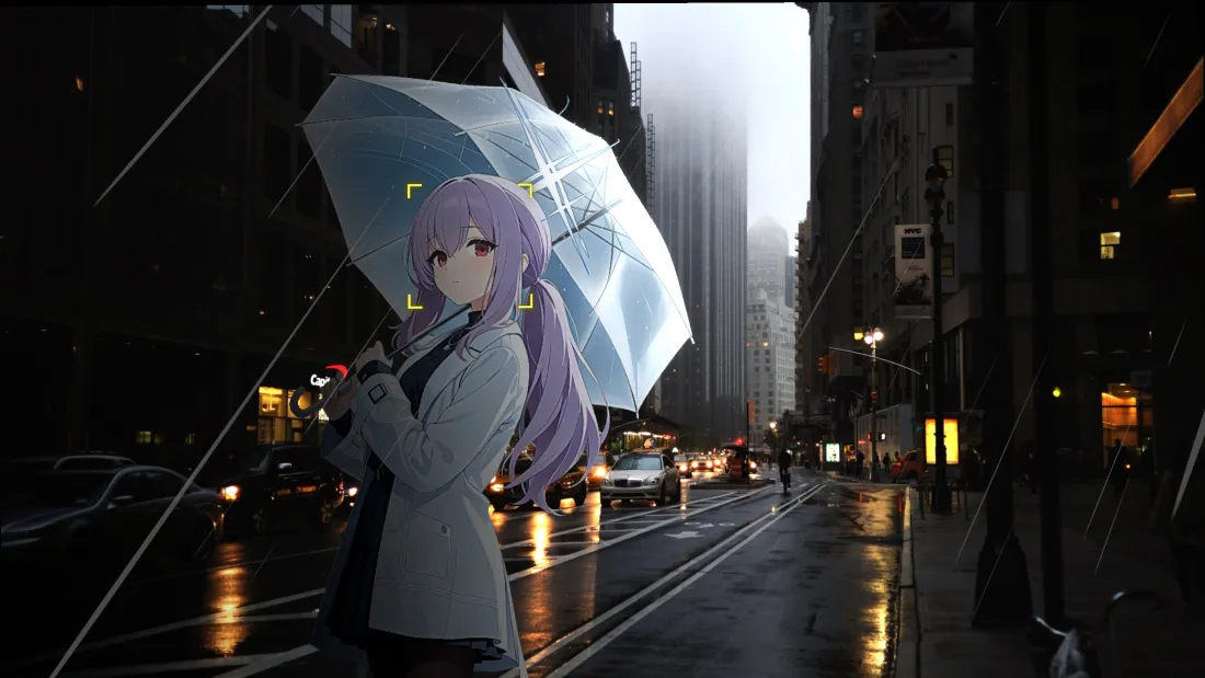 3k紫发少女壁纸｜雨天城市背景图片 - 撑伞街道夜景「哲风壁纸」