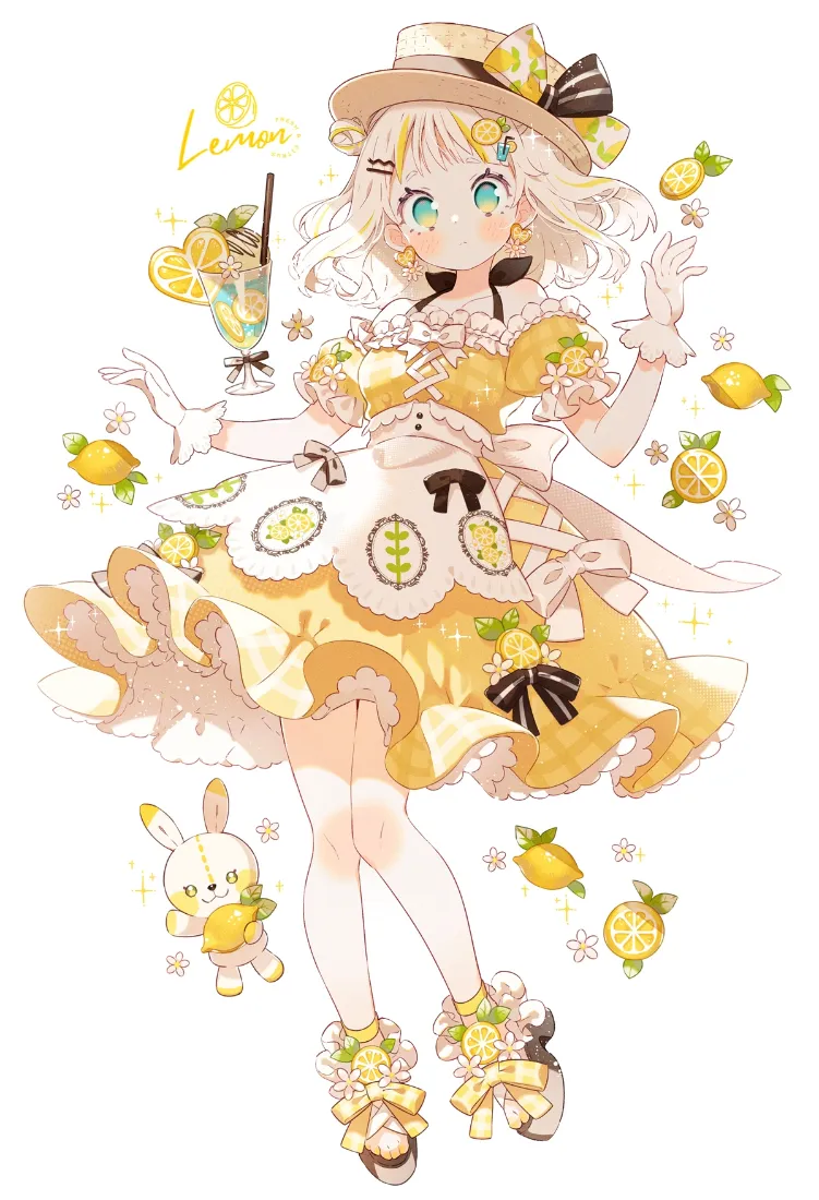 柠檬少女手机壁纸｜洛丽塔裙背景图片 - 兔子玩偶卡通插画「哲风壁纸」