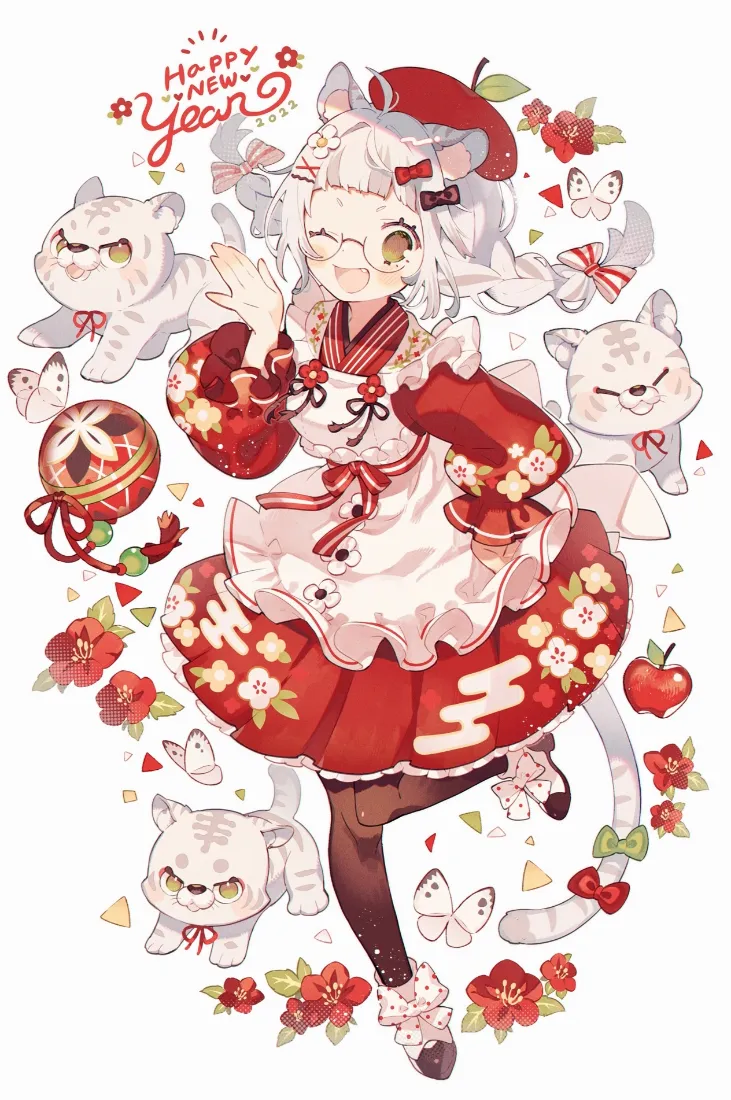 猫耳少女新年手机壁纸｜白虎红花背景图片 - 红裙迎春「哲风壁纸」